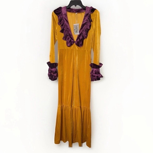 Oyrosy Designer Fashion Party Purple Ruffle Flared Gold Velvet Jumpsuit Sz Small - Picture 5 of 9